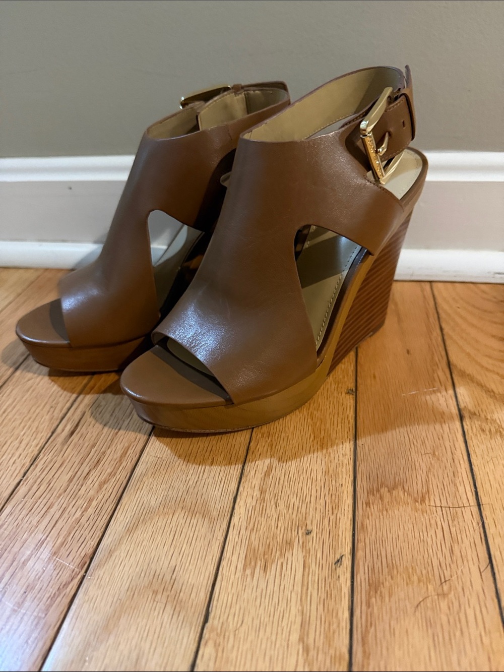 Michael Kors Tan Leather Cutout Wedge Sandals with Gold Buckle